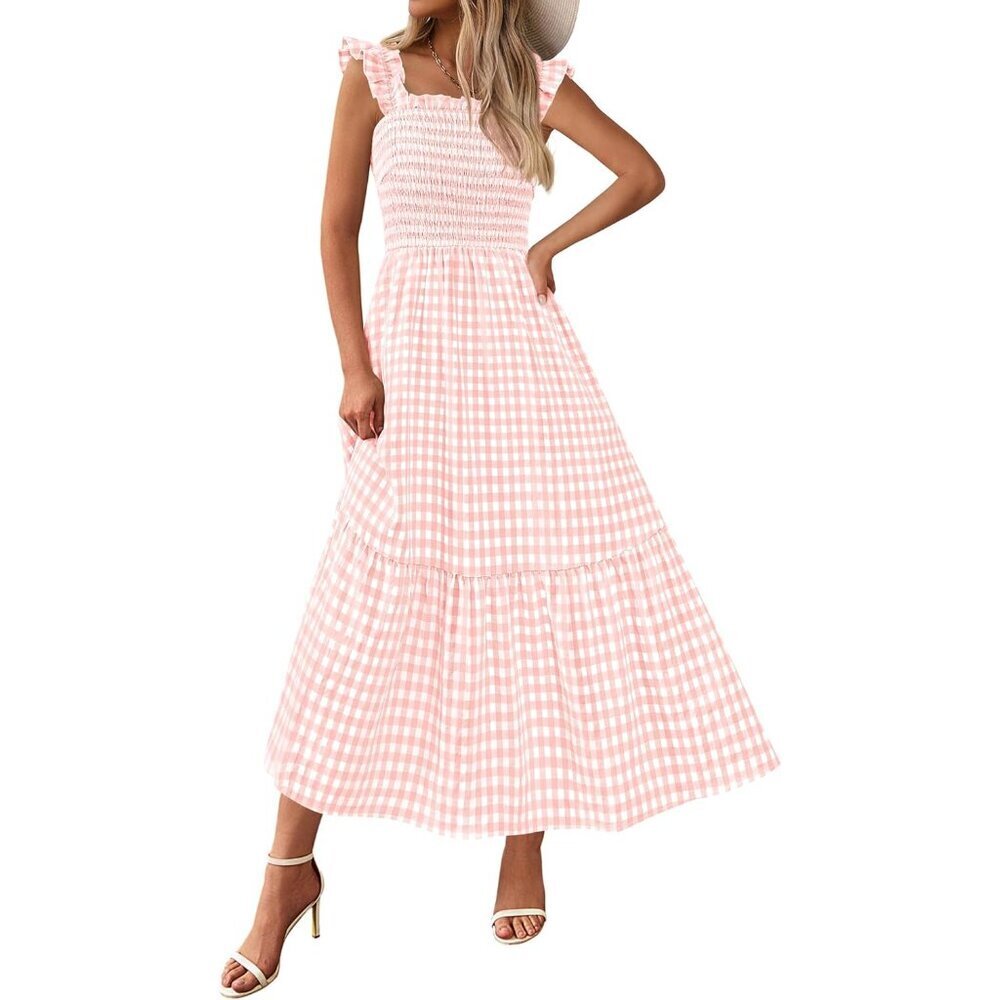 Womens Summer Dress Gingham Smocked Midi Flowy Casual Vacation Beach